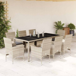 9Pcs conj. jantar jardim + almofadões vime PE/vidro cinza claro