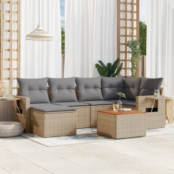 7 Pcs conj. sofás jardim c/ almofadões vime PE bege misturado