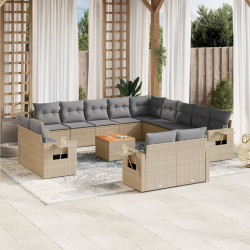 14 Pcs conj. sofás jardim c/ almofadões vime PE bege misturado