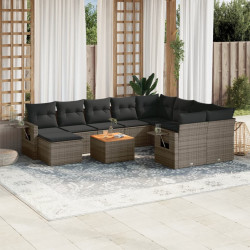 11 Pcs conjunto sofás de jardim c/ almofadões vime PE cinzento