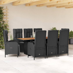 9 Pcs conjunto de jantar p/ jardim c/ almofadões vime PE preto
