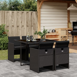 5 Pcs conjunto de jantar p/ jardim c/ almofadões vime PE preto