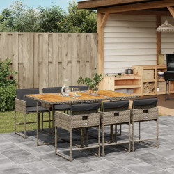 7 Pcs conjunto de jantar p/ jardim c/ almofadões vime PE cinza