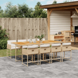 9 Pcs conjunto de jantar p/ jardim com almofadões vime PE bege