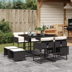 9 Pcs conjunto de jantar p/ jardim c/ almofadões vime PE preto
