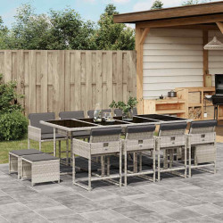 13 Pcs conj. jantar jardim c/ almofadões vime PE cinzento-claro