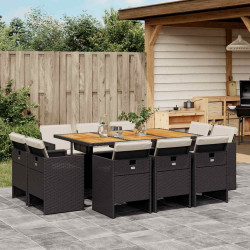 11 Pcs conjunto de jantar p/ jardim c/ almofadões vime PE preto