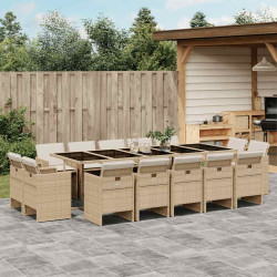 15 Pcs conjunto de jantar p/ jardim com almofadões vime PE bege