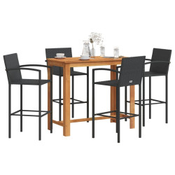 5 Pcs conjunto de bar para jardim vime PE/acácia maciça preto