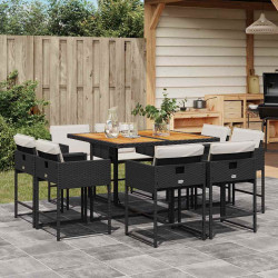 9 Pcs conjunto de jantar p/ jardim c/ almofadões vime PE preto