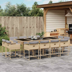 13 Pcs conj. jantar jardim c/ almofadões vime PE bege misturado