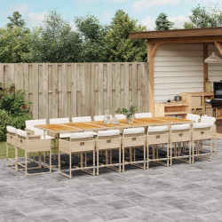 17 Pcs conjunto de jantar p/ jardim c/ almofadões vime PE bege