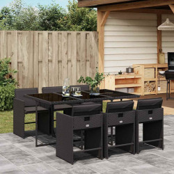 7 Pcs conjunto de jantar p/ jardim c/ almofadões vime PE preto