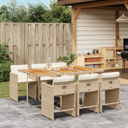 7 Pcs conjunto de jantar p/ jardim com almofadões vime PE bege