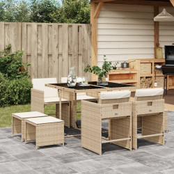 9 Pcs conjunto de jantar p/ jardim com almofadões vime PE bege