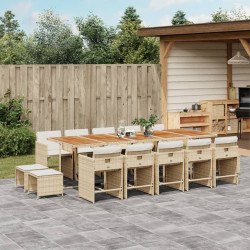 15 Pcs conjunto de jantar p/ jardim com almofadões vime PE bege