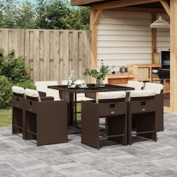 9 Pcs conjunto jantar p/ jardim c/ almofadões vime PE castanho