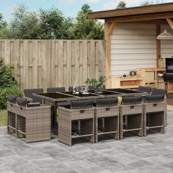 13 Pcs conjunto jantar p/ jardim c/ almofadões vime PE cinzento
