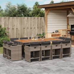 13 Pcs conjunto jantar p/ jardim c/ almofadões vime PE cinzento
