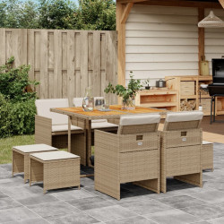 9 Pcs conjunto de jantar p/ jardim com almofadões vime PE bege