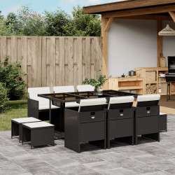11 Pcs conjunto de jantar p/ jardim c/ almofadões vime PE preto