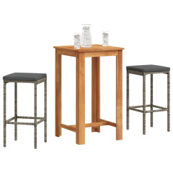 3 Pcs conjunto de bar p/ jardim acácia maciça/vime PE cinzento