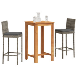 3 Pcs conjunto de bar p/ jardim acácia maciça/vime PE cinzento