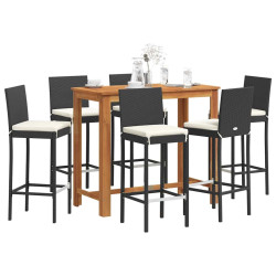 7 Pcs conjunto de bar para jardim vime PE/acácia maciça preto