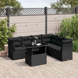 7 Pcs conjunto de sofás p/ jardim c/ almofadões vime PE preto