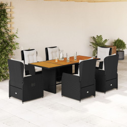 7 Pcs conjunto de jantar p/ jardim c/ almofadões vime PE preto