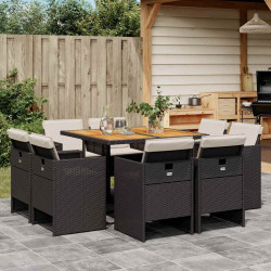 9 Pcs conjunto de jantar p/ jardim c/ almofadões vime PE preto