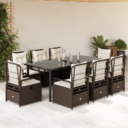 9 Pcs conjunto jantar p/ jardim c/ almofadões vime PE castanho