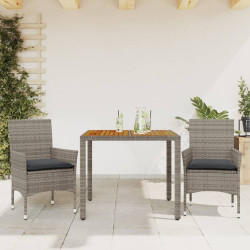 3 Pcs conjunto jantar jardim c/ almofadões vime PE/acácia cinza