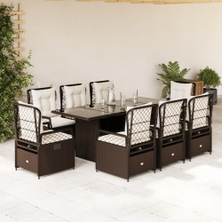9 Pcs conjunto jantar p/ jardim c/ almofadões vime PE castanho