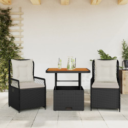 3 Pcs conjunto de jantar p/ jardim c/ almofadões vime PE preto