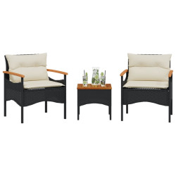 3 Pcs conjunto sofás de jardim com almofadões vime PE preto