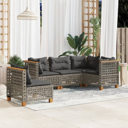 5 Pcs conjunto sofás de jardim c/ almofadões vime PE cinzento