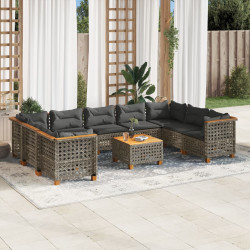 10 Pcs conjunto sofás de jardim c/ almofadões vime PE cinzento