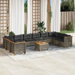11 Pcs conjunto sofás de jardim c/ almofadões vime PE cinzento