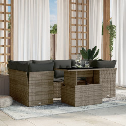 7 Pcs conjunto sofás p/ jardim c/ almofadões vime PE cinzento