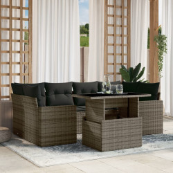 7 Pcs conjunto sofás p/ jardim c/ almofadões vime PE cinzento