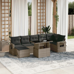 8 Pcs conjunto sofás de jardim c/ almofadões vime PE cinzento