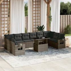 11 Pcs conjunto sofás de jardim c/ almofadões vime PE cinzento