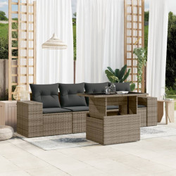 5 Pcs conjunto sofás de jardim c/ almofadões vime PE cinzento