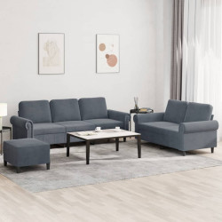 3 Pcs conjunto de sofás com almofadões veludo cinzento-escuro