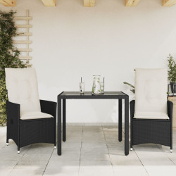 3 Pcs conjunto de bistrô com almofadões vime PE preto