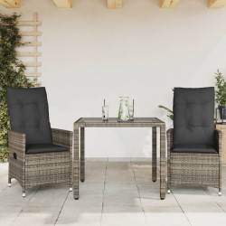 3 Pcs conjunto bistrô com almofadões vime PE cinza