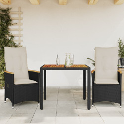 3 Pcs conjunto de bistrô com almofadões vime PE preto