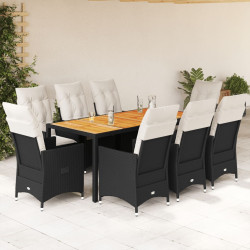 9 Pcs conjunto de jantar p/ jardim c/ almofadões vime PE preto