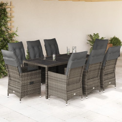 9 Pcs conjunto de jantar p/ jardim c/ almofadões vime PE cinza